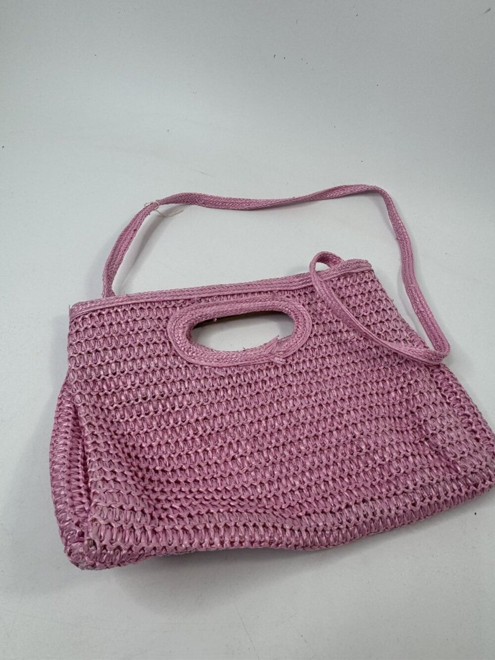 Pink Woven Straw Shoulder Bag With Cut-Out Handles & Crossbody Strap